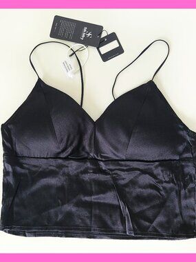 Silk Silky Mulberry Silk Top Bustier Spahgetti Strap Padded Bralette Black - M